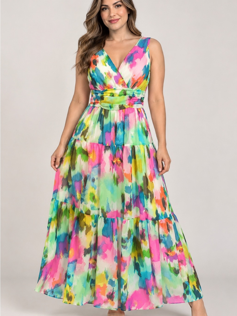 Vibrant Watercolor Tiered Maxi Dress - Multicolor